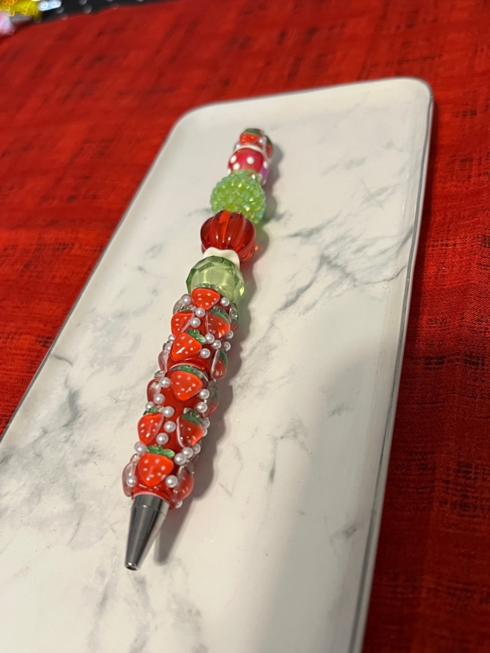 Extended rod Chunky pen with Strawberry motif accents & large beads